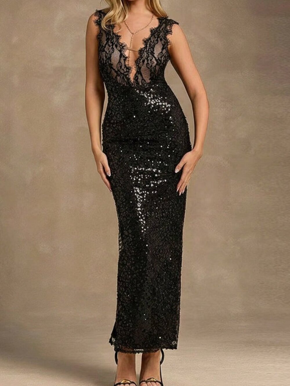 Black Party Women's Sleeveless Backless Sequined Lace-Trimmed Dress